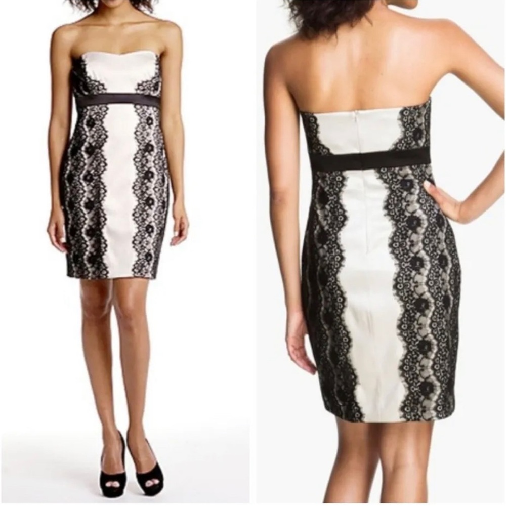 Max & Cleo Olivia Satin Champagne Black Lace Strapless Dress